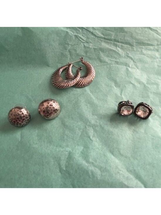 Jewelry - 3 pairs of silver tone earrings and a delicate silver chain